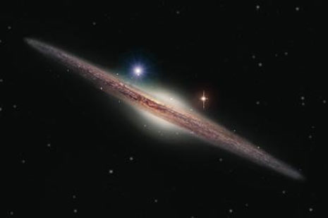 Una visione artistica della galassia ESO 243-49. Il buco nero HLX-1 appena scoperto è la macchia azzurra sulla sinistra della parte centrale della galassia