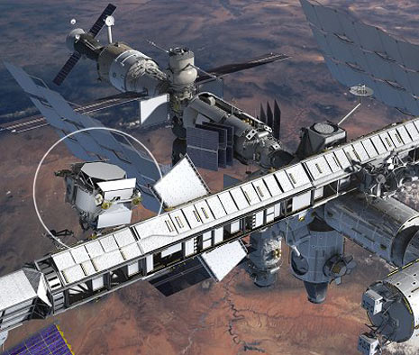 Rappresentazione artistica dello Spettrometro Magnetico Alfa installato sulla Stazione Spaziale Internazionale
