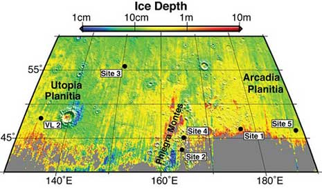 diagramma che mostra i cinque siti dove altrettanti crateri da impatto hanno portato alla luce ghiaccio