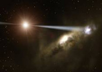 In questa rappresentazione artistica, il Quasar HE0450-2958 sta investendo la vicina galassia con il suo getto ad alta energia