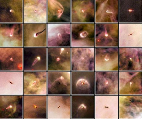 Ogni immagine riprende un embrione stellare, dove un velo di gas e polvere nasconde una stella che sta per nascere