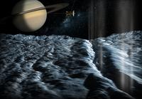 in questa rappresentazione pittorica vediamo uno scorcio di Saturno osservato dalle vicinanze di un satellite ghiacciato