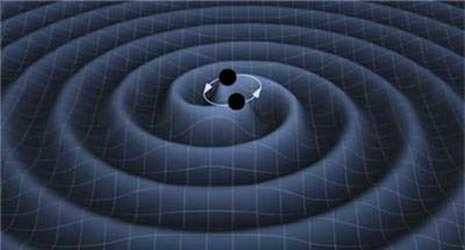 Rappresentazione artistica dell’increspatura del tessuto spazio-temporale che si propaga nell’Universo attraverso le onde gravitazionali, causata da un sistema binario di buchi neri.