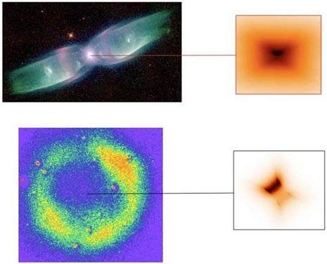 In alto la nebulosa bipolare M2-9, In basso la nebulosa circolare dell’Oggetto Sakurai con a destra il disco corrispondente