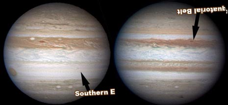 Ecco come appare Giove in questo mese (a sinistra), paragonato a come appariva nel luglio del 2009