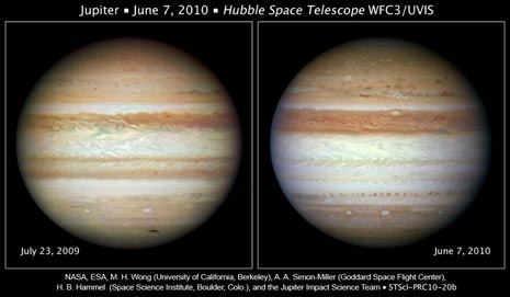 Le differenze nell’aspetto della superficie di Giove nel 2009 e nel 2010
