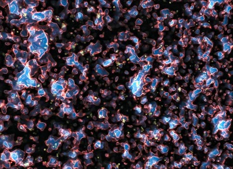 Una simulazione al computer di come apparirebbero le prime galassie durante la fase di re-ionizzazione dell’Universo
