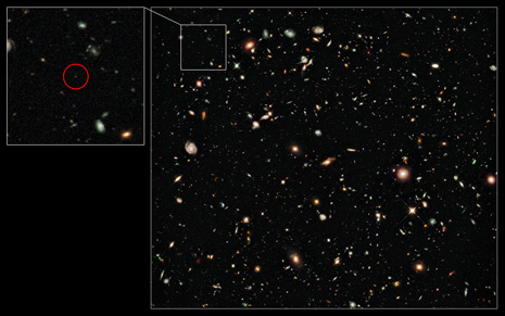 L’immagine, ripresa allo Space Telescope, in cui si è identificata la primitiva galassia UDFy-38135539