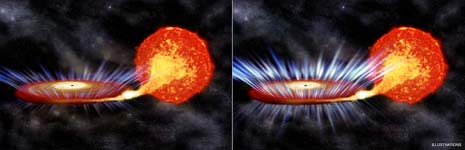 Nella parte di sinistra il buco nero sta “mangiando”, a destra un’esplosione di energia