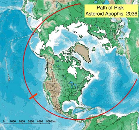 La traccia dei possibili punti d’impatto prevista per Apophis nel 2036