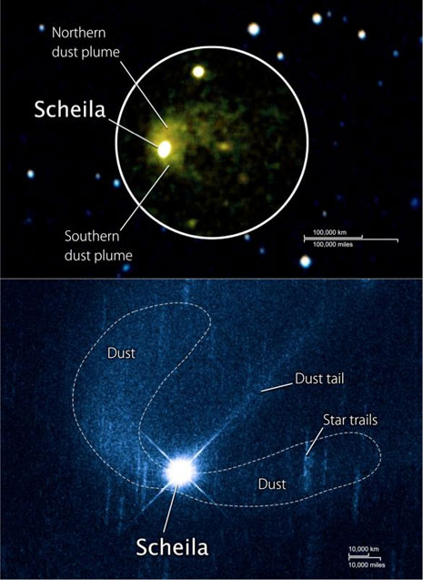 In alto l’immagine ripresa da Swift nell’ultravioletto. In basso quella di Hubble, dove si identifica anche una piccola coda di polvere