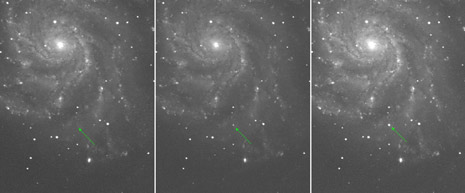 Tre immagini della supernova PTF 11kly in tre notti consecutive.