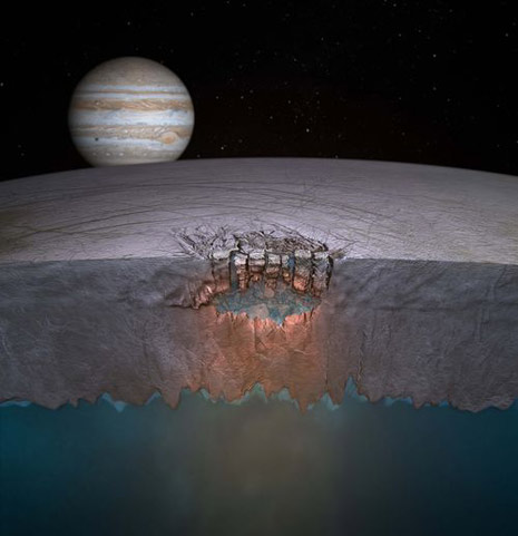 Una sezione (artistica) della spessa crosta di ghiaccio di Europa