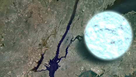 Una stella di neutroni sopra New York. Al centro la penisola di Manhattan.