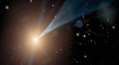 rappresentazione artistica che mostra un buco nero supermassiccio galattico che sta lanciando un getto iperveloce nello Spazio