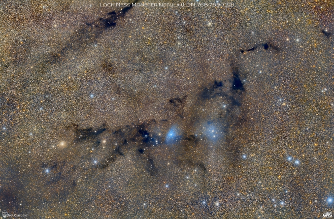 Il campo inquadrato ritrae un bellissimo complesso di nebulose oscure LDN situato nella costellazione della Volpetta. Il profilo ricorda il mitico mostro di Loch Ness ed è costituito da una serie di nebulose oscure presenti nel catalogo di Lynds. - Copyright: Giacomo Pro 