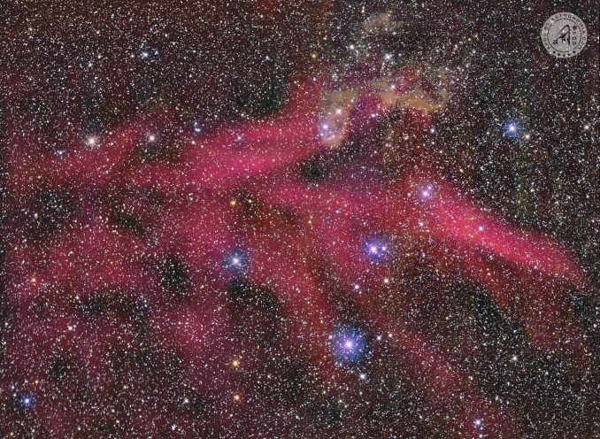 Un magnifco campo stellare in direzione della costellazione della Lucertola che riprende la nebulosa a emissione Sh2-126. In alto, dal colore giallastro, appare la Nebulosa Geco LBN 437. - Copyright: Swift Astro 