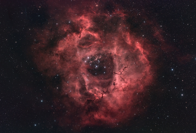 La nebulosa Rosetta è visibile in inverno e inizio primavera, e questa immagine è stata ripresa a inizio aprile 2026 in Ha con un rifrattore Askar FRA600 e camera ASI1600MM su AM5 - Copyright: Aldo Zanetti 