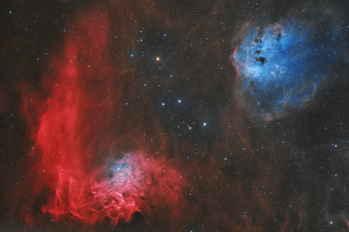 IC 405 dista circa 1.600 anni luce (nota anche come C 31) ed è una nebulosa diffusa visibile nella costellazione dellAuriga. IC 410 dista circa 20.000 anni luce, ed è nota come Nebulosa Girino. - Copyright: Colm O'Dwyer 