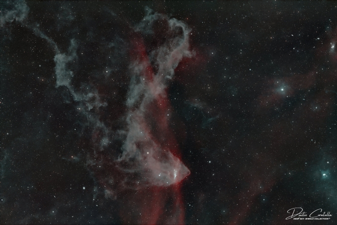 La Nebulosa Geco (LBN 437) è un'affascinante regione di gas e polvere interstellare situata a circa 10.000 anni luce dalla Terra, nella costellazione della Lucertola. La sua forma irregolare ricorda quella di un geco, plasmata dai venti stellari provenienti da giovani stelle calde e massicce di tipo spettrale O e B - Copyright: Duilio Coratella 