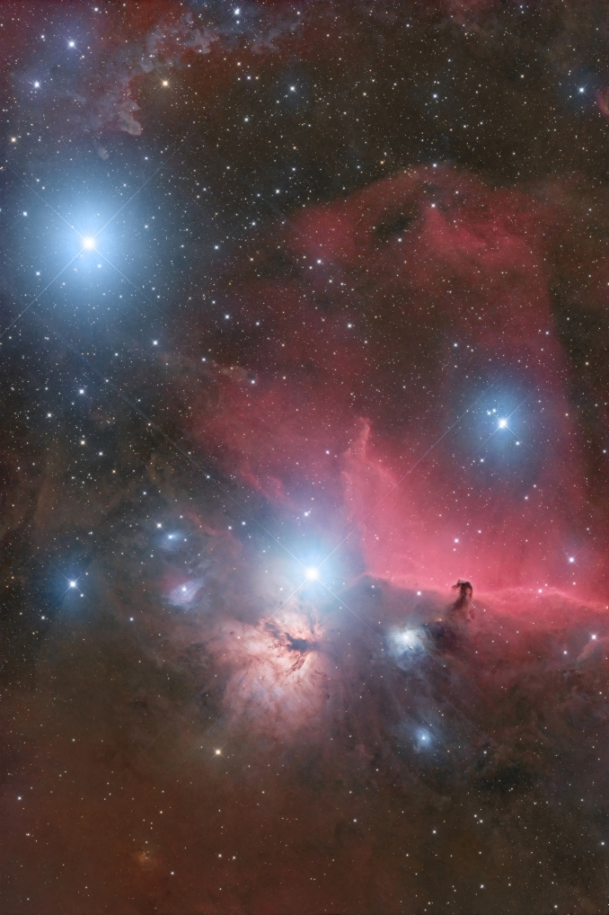 La nebulosa oscura IC 434, nota anche col nome di Testa di Cavallo (Horsehead Nebula), e la Nebulosa Fiamma NGC 2024, illuminate da Alnitak e Alnilam, 2 delle 3 stelle che formano la Cintura di Orione - Copyright: Colm O'Dwyer 