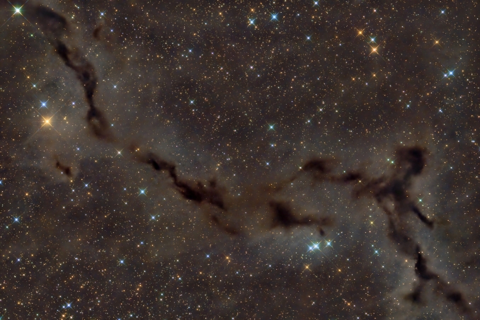 Barnard 150, nota anche come Nebulosa Cavalluccio Marino, è unoscura nube molecolare di polvere nella costellazione di Cefeo, così densa da assorbire tutta la luce che proviene dalle stelle dietro di essa - Copyright: Federico Monnati 