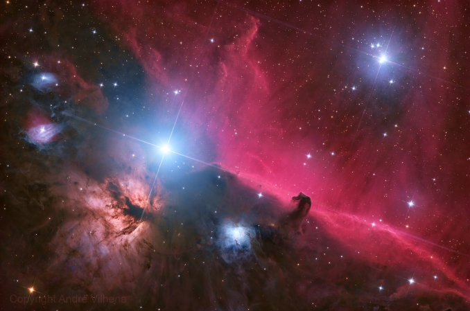 La nebulosa oscura B33, nota anche col nome di Testa di Cavallo (Horsehead Nebula), è un oggetto che dista circa 1500 anni luce dalla Terra, ed ha un raggio di circa 3,5 anni luce. Si trova nella costellazione di Orione appena sotto Alnitak, la stella più a est della cintura di Orione. - Copyright: Andre Vilhena 