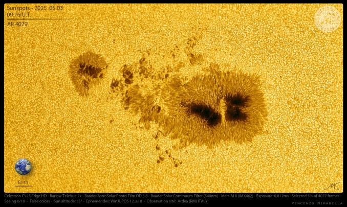 La grande macchia solare catalogata con il numero 4079, fotografata ad alta risoluzione con un telescopio C925 Edge HD - Copyright: Vincenzo Mirabella 