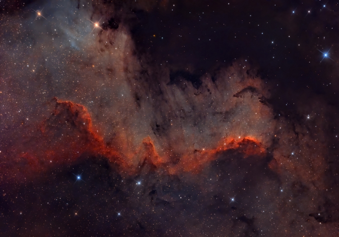 Situato nel cuore della costellazione del Cigno, questo dettaglio della nebulosa Nord America (NGC 7000) è una regione ricchissima di emissioni di idrogeno ed ossigeno ionizzati che creano un gioco di luci e contrasti - Copyright: Massimo Di Fusco 