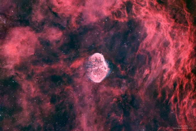 NGC 6888 (nota anche come Nebulosa Crescente o con la sigla C 27) è una nebulosa diffusa visibile nella parte meridionale della costellazione del Cigno, a circa 5.000 anni luce di distanza dalla Terra. - Copyright: Luigi La Bella 