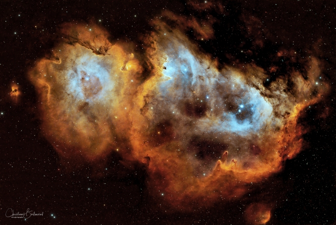 IC 1848 (nota anche come Nebulosa Anima, Nebulosa Embrione o con la sigla W5) è una nebulosa diffusa associata ad un ammasso aperto di stelle giovani e calde di grande massa, visibile nella costellazione di Cassiopea, verso il confine con la Giraffa - Copyright: Christian Bertincourt 