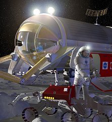 Astronauti e robot sul suolo lunare