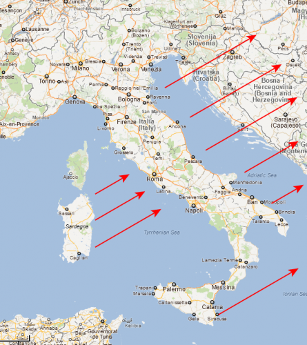 la direzione del sorgere del Sole rispetto all'Italia