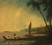 Panorama da Point Venus, Tahiti, dove Cook e i suoi uomini osservarono il transito di Venere. Olio su tela, William Hodges, 1744-1797. Credit: National Library of Australia.