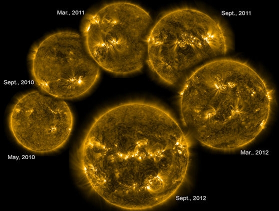 Queste sei immagini nell’estremo ultravioletto, acquisite dal Solar Dynamics Observatory della NASA, tracciano il livello crescente dell’attività del Sole, percorrendo il più recente ciclo solare.