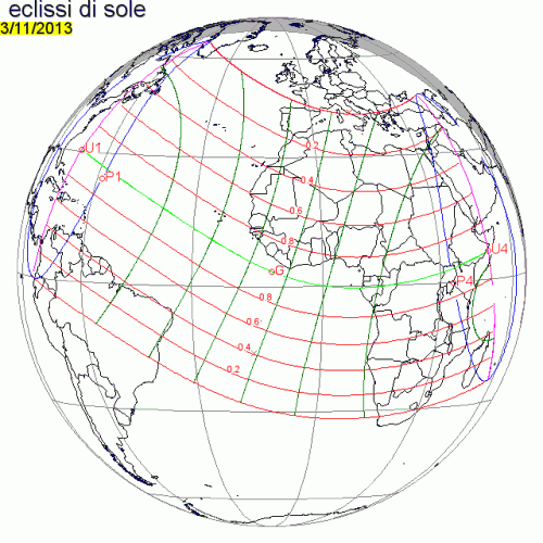 la mappa globale di visibilità dell'eclissi del 3 novembre