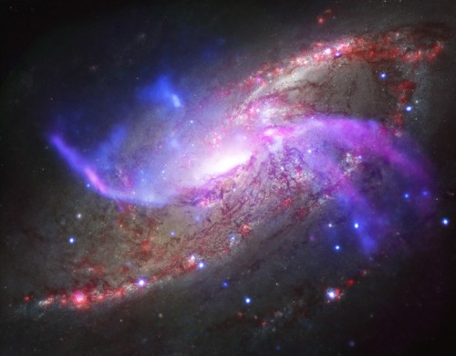 M 106 e i suoi fuochi artificiali. Fonte: NASA/CXC/JPL-Caltech/STScI/NSF/NRAO/VLA