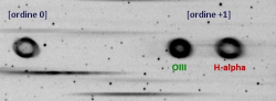 Spettro di emissione della nebulosa anulare M57 nella Lira, ottenuto con tre pose da 240 secondi.