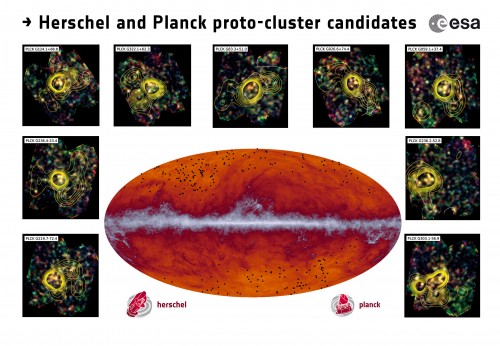 La mappa all-sky di Planck a lunghezze d'onda submillimetriche (545 GHz). La banda che scorre attraverso il centro corrisponde alle polveri nella nostra Via Lattea. I punti neri indicano le posizioni dei candidati proto-ammassi identificati da Planck e successivamente osservati da Herschel. Gli inserti mostrano alcune delle osservazioni fatte dallo strumento SPIRE a bordo di Heschel; i contorni rappresentano la densità delle galassie.