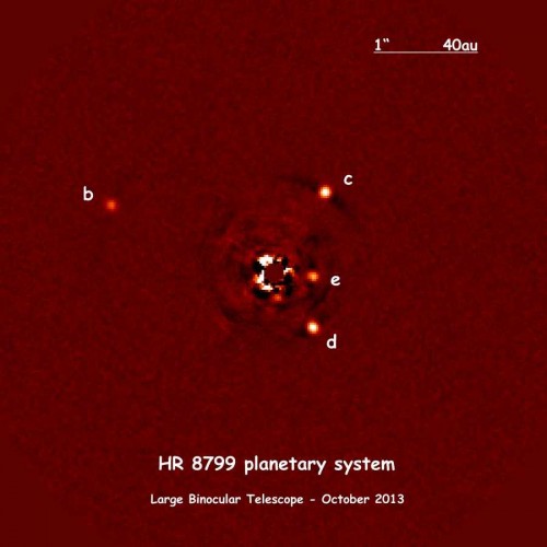 Il sistema planetario HR 8799. La maggior parte della luce proveniente dalla stella è stata rimossa dal processamento delle immagini, e in tal modo i quattro pianeti, identificati da b ad e in ordine di scoperta, sono stati facilmente rilevati. Credit: A.-L. Maire / LBTO