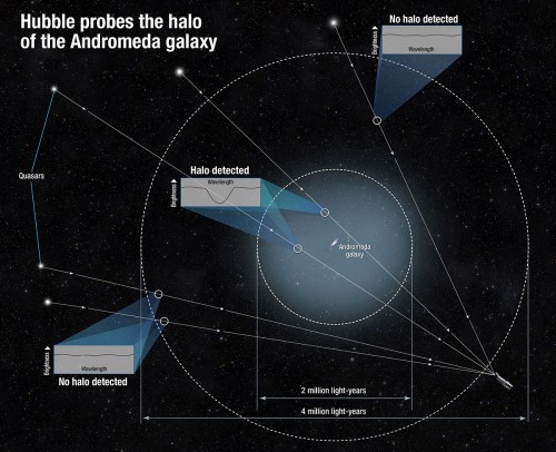 This diagram shows how scientists determined the size of the halo of the Andromeda galaxy. Because the gas in the halo is dark, the team measured it by using the light from quasars, the very distant bright cores of active galaxies powered by black holes. They observed the quasars' light as it traveled through the intervening gas. The halo's gas absorbed some of that light and made the quasar appear darker in a very small wavelength range. By measuring the tiny dip in brightness at that specific range, scientists could tell how much gas is between us and each quasar. Some quasars showed no dip in brightness, and this helped define the size of the halo.