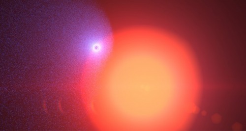 Artist's impression showing the warm, Neptune-size exoplanet GJ 436b at the beginning of its transit across the surface of its parent star, a red dwarf that is half the diameter of the sun. The planet is 33x closer to its parent star than the Earth is to the sun, heating the atmosphere to the point where it expands and escapes the planet attraction. The star is, however, 40x fainter than the sun, allowing the evaporating atmosphere to form a giant cloud surrounding and trailing the planet, much like a comet. Credit: D. Ehrenreich / V. Bourrier (Université de Genève) / A. Gracia Berná (Universität Bern)