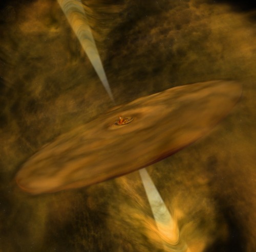 Illustrazione artistica di una nana bruna molto giovane, in fase di formazione. Si osserva un disco che orbita attorno alla nana bruna e due getti di materia che vengono espulsi in direzione opposta lungo i poli del disco. Credit: Bill Saxton, NRAO/AUI/NSF