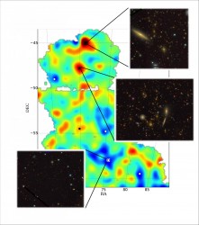 Eseguendo un confronto tra la mappa della distribuzione delle galassie e quella della distribuzione della massa ottenuta dal weak lensing è possbile vedere come la distribuzione delle galassie segue la distribuzione spaziale della materia oscura. Credit: Vinu Vikraman / Argonne National Laboratory.
