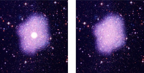 Illustrazione artistica della distribuzione della materia oscura. A sinistra, si assume una distribuzione di materia oscura secondo le teorie più convenzionali in cui si osserva un massimo concentrato in una piccola regione del centro galattico. A destra, la simulazione con materia oscura di tipo SIMP (Strongly Interacting Massive Particle) dove si osserva una distribuzione più diffusa rispetto al centro galattico. Credit: NASA, STScI, Kavli IPMU
