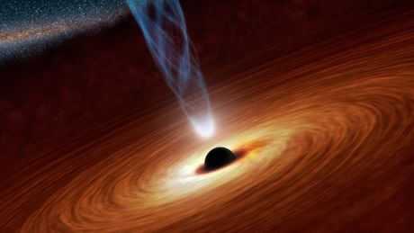 Illustrazione di un buco nero: la materia circostante, seguendo una traiettoria a spirale intorno al buco nero viene inghiottita (disco arancione) ed emette radiazione X (raggio azzurro) (Cortesia NASA/JPL-Caltech)