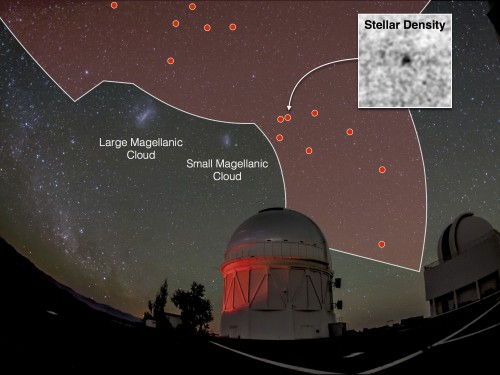 La Dark Energy Survey ha mappato finora 1/8 dell’intero cielo (la regione evidenziata in rosso) grazie alla potente Dark Energy Camera installata al telescopio Blanco situato presso il Cerro Tololo Inter-American Observatory in Cile. Questa mappa ha permesso di individuare 17 galassie nane candidate negli ultimi sei mesi (puntini in rosso), tra cui 8 nuovi oggetti del presente studio. Questi ultimi sono così deboli che risulta difficile localizzarli persino nelle immagini profonde della survey mentre risulta più facile visualizzarle con le mappe della densità stellare (come mostrato nell’inserto). In questa immagine, sono mostrate 14 galassie nane candidate. Credit: Dark Energy Survey Collaboration