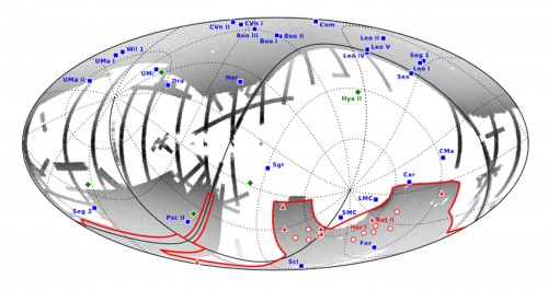 La mappa mostra la posizione delle 8 nuove galassie nane candidate (triangoli rossi) assieme alle 9 precedenti galassie nane candidate (cerchi rossi) nell’area della survey DES, 5 altri oggetti recentemente identificati al di fuori dell’area DES (rombi verdi) e 27 galassie nane satelliti della Via Lattea note prima del 2015 (quadrati blu). Quei sistemi che sono stati confermati come galassie satelliti sono stati nominati singolarmente. Crediti: A. Drlica-Wagner et al. 2015