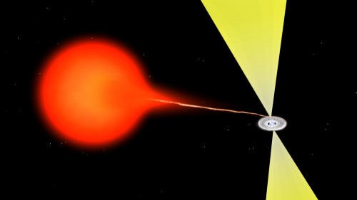 Illustrazione del flusso di materia da una stella compagna che accresce attorno ad una stella di neutroni. Il materiale forma un disco e produce due getti relativistici. La materia in prossimità alla stella di neutroni è così calda che emette raggi X mentre i getti vengono osservati in banda radio. Un meccanismo simile avviene in quei casi dove sono presenti i buchi neri. Credit: Bill Saxton, NRAO/AUI/NSF.