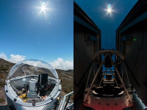 Sinistra: Il piccolo telescopio solare installato sulla parete Sud della cupola del TNG, inizia le osservazioni la mattina per inviare la luce del Sole verso Harps-N. Destra: Osservazioni notturne al TNG con Harps-N e l’Astro Comb. Con l’aggiunta del telescopio solare il turno di lavoro di Harps-N si avvicina alle 24h. (foto: Alex Glenday)
